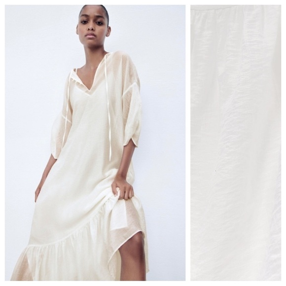 NWT. Zara Oyster White Semi Sheer Tunic/Midi Dress. Size S. - Picture 3 of 12